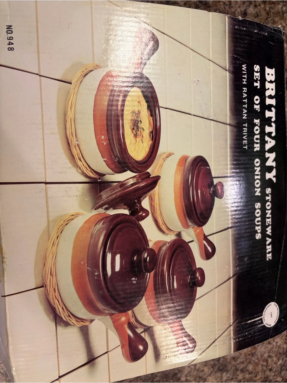 Vintage Brittany Stoneware Onion Soup Bowls with Rattan Trivets - Set of 4